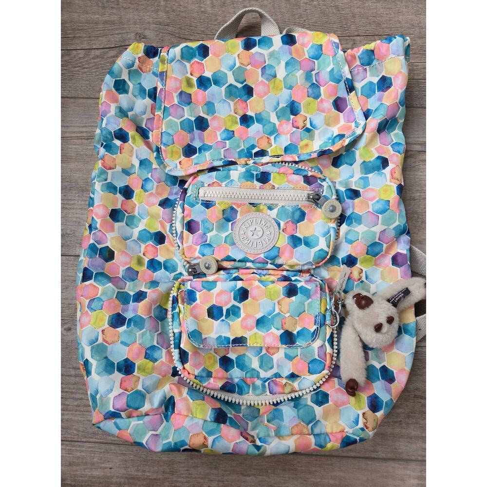 Kipling Drawstock Backpack Multi-Color Pastel Honeycomb Geometric Canvas + Charm